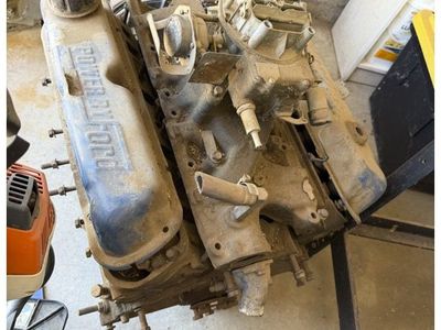 Vintage Ford V8 302 Engine Block with Carburetor - "POWER BY FORD" Valve Covers