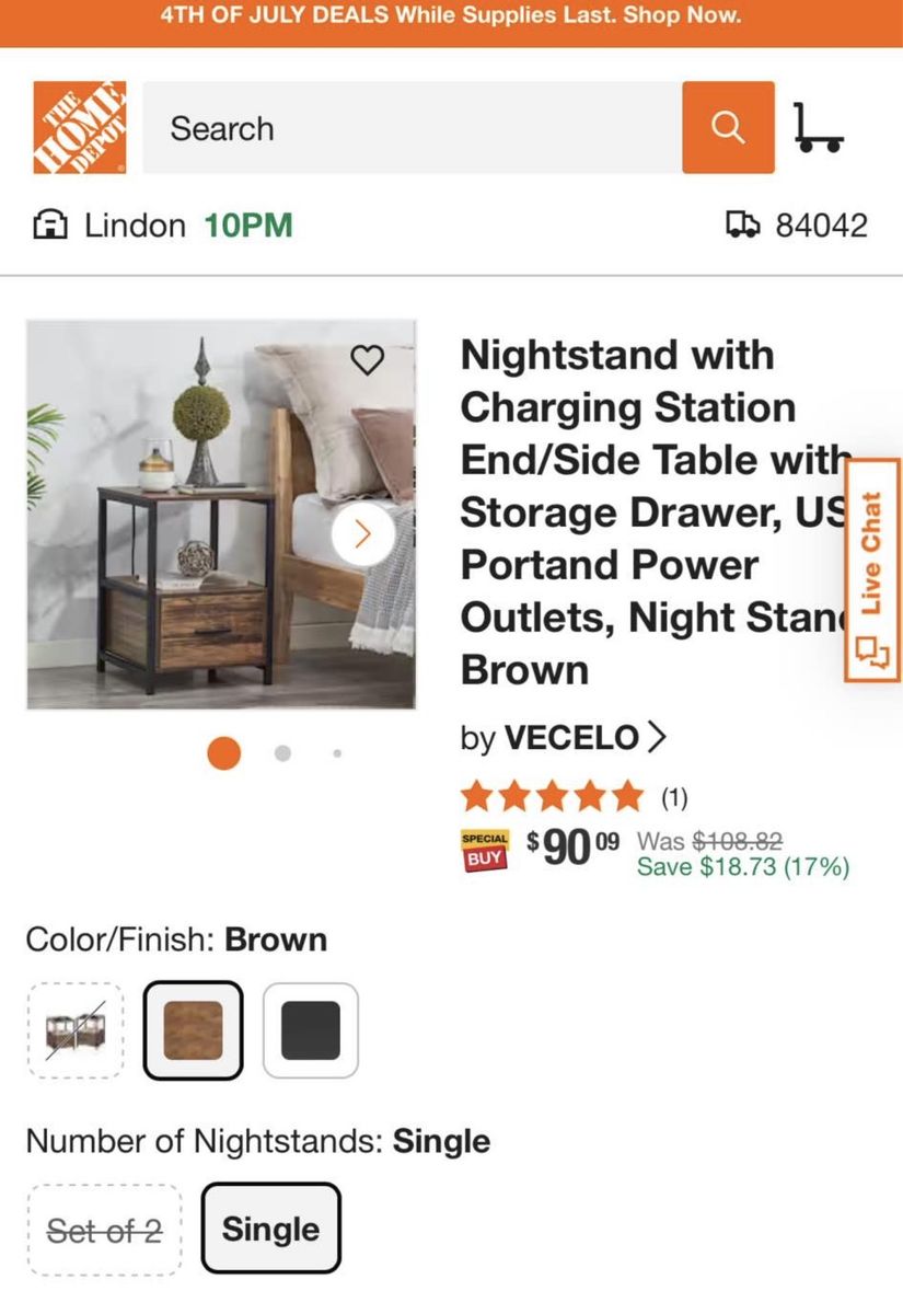 Vecelo Brown Nightstand w/ Charging Station, Drawer & Power Outlets - End/Side Table