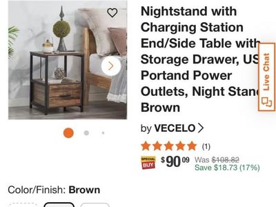 Vecelo Brown Nightstand w/ Charging Station, Drawer & Power Outlets - End/Side Table