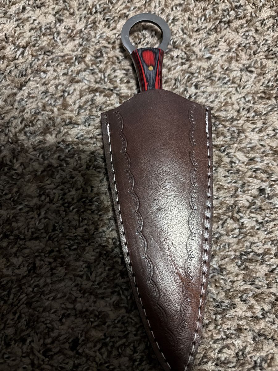 Damascus, steel Bottle Opener Fixed Blade dagger Knife with Leather Sheath, Red & Black Handle