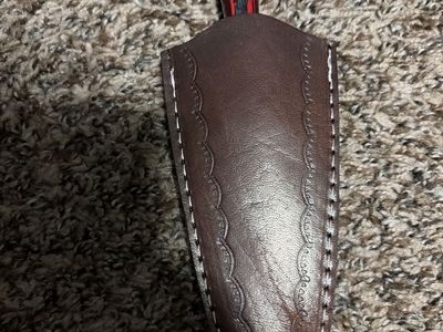 Damascus, steel Bottle Opener Fixed Blade dagger Knife with Leather Sheath, Red & Black Handle