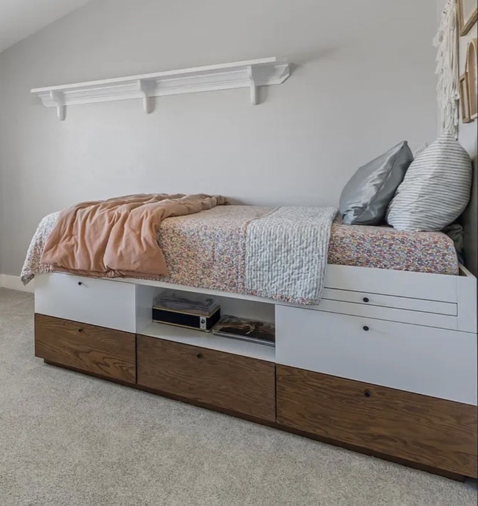 WEST ELM Modern Captain's Bed with Pull-Out Desk & Storage - White/Wood Finish, Full mattress size