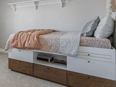 WEST ELM Modern Captain's Bed with Pull-Out Desk & Storage - White/Wood Finish, Full mattress size