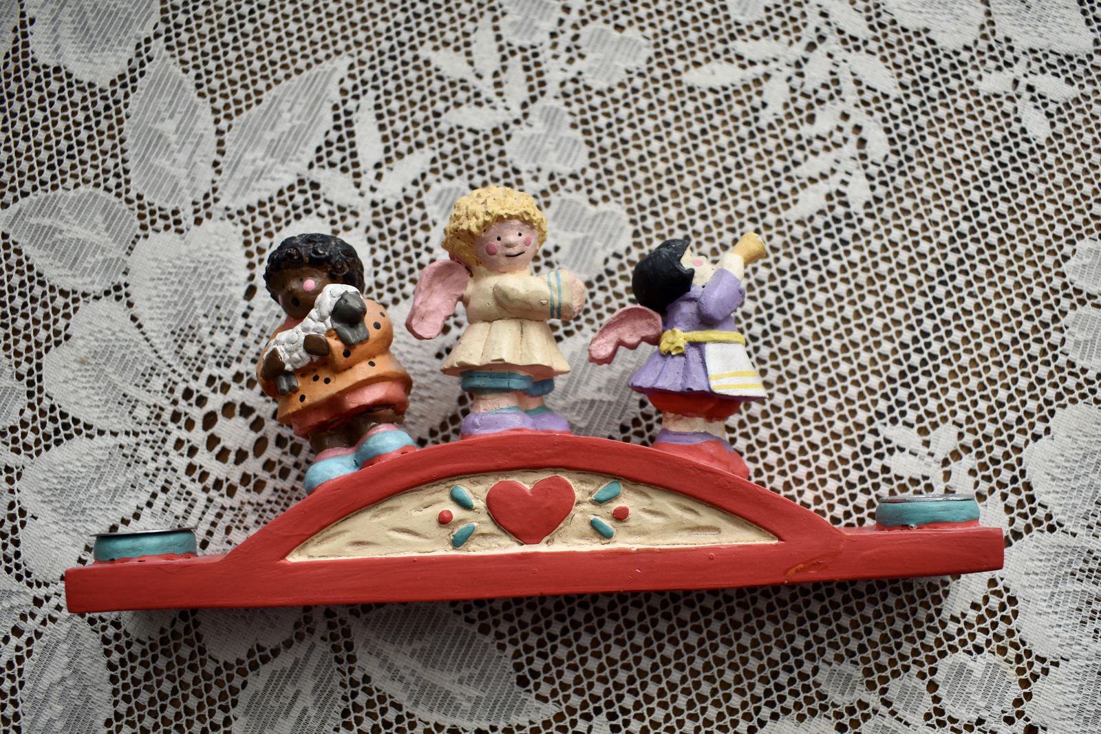 Really Cute Vintage Wood and Pottery / Clay With 3 Little Girl Angels From The Around The World Candle Holder Shelf Decor