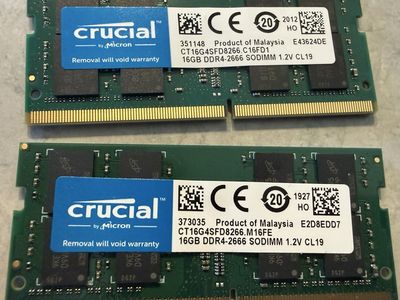 Crucial 16GB DDR4-2666 SODIMM Laptop RAM Memory Sticks (Lot of 2)