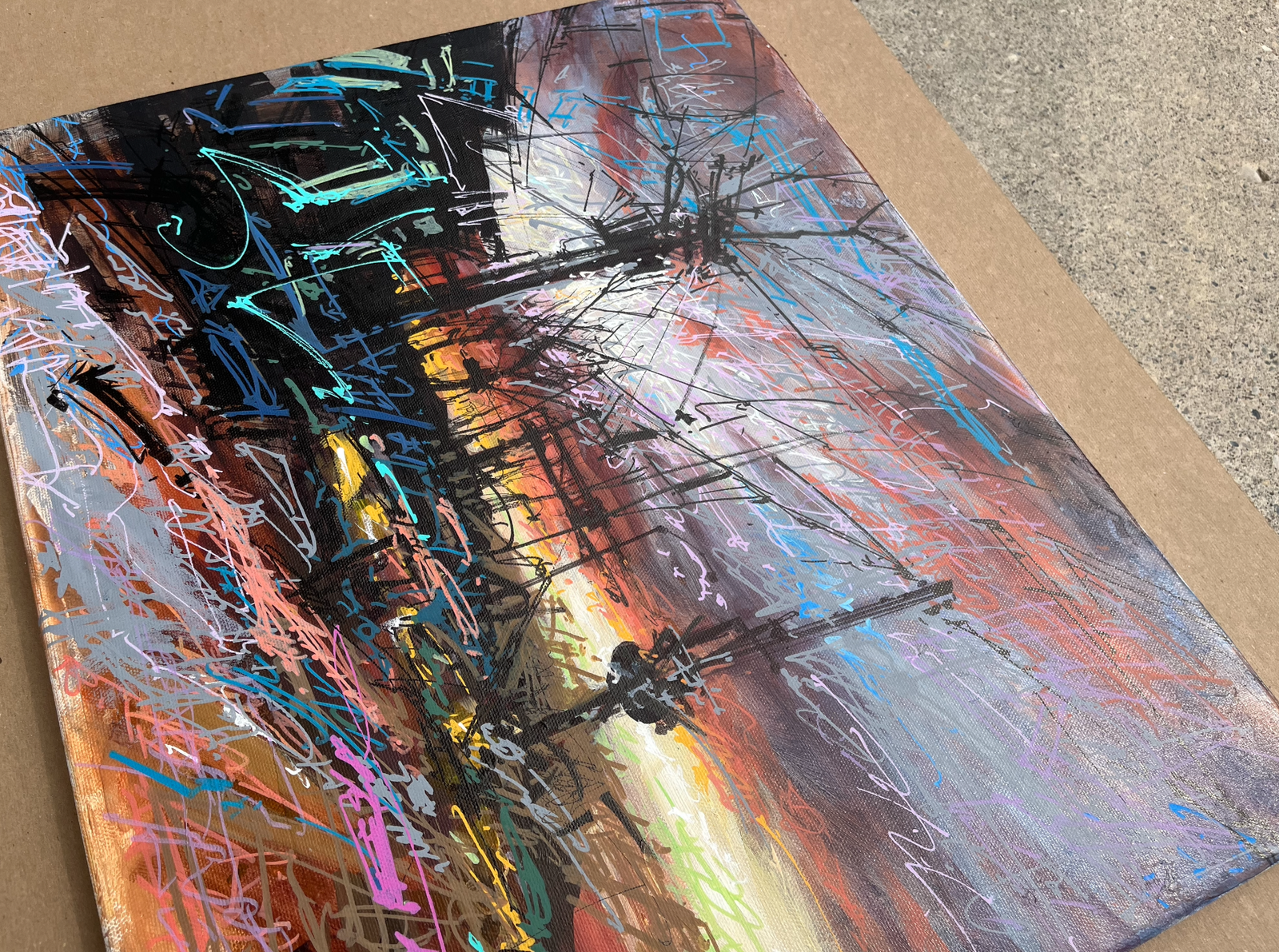 Original Sunset and City Painting