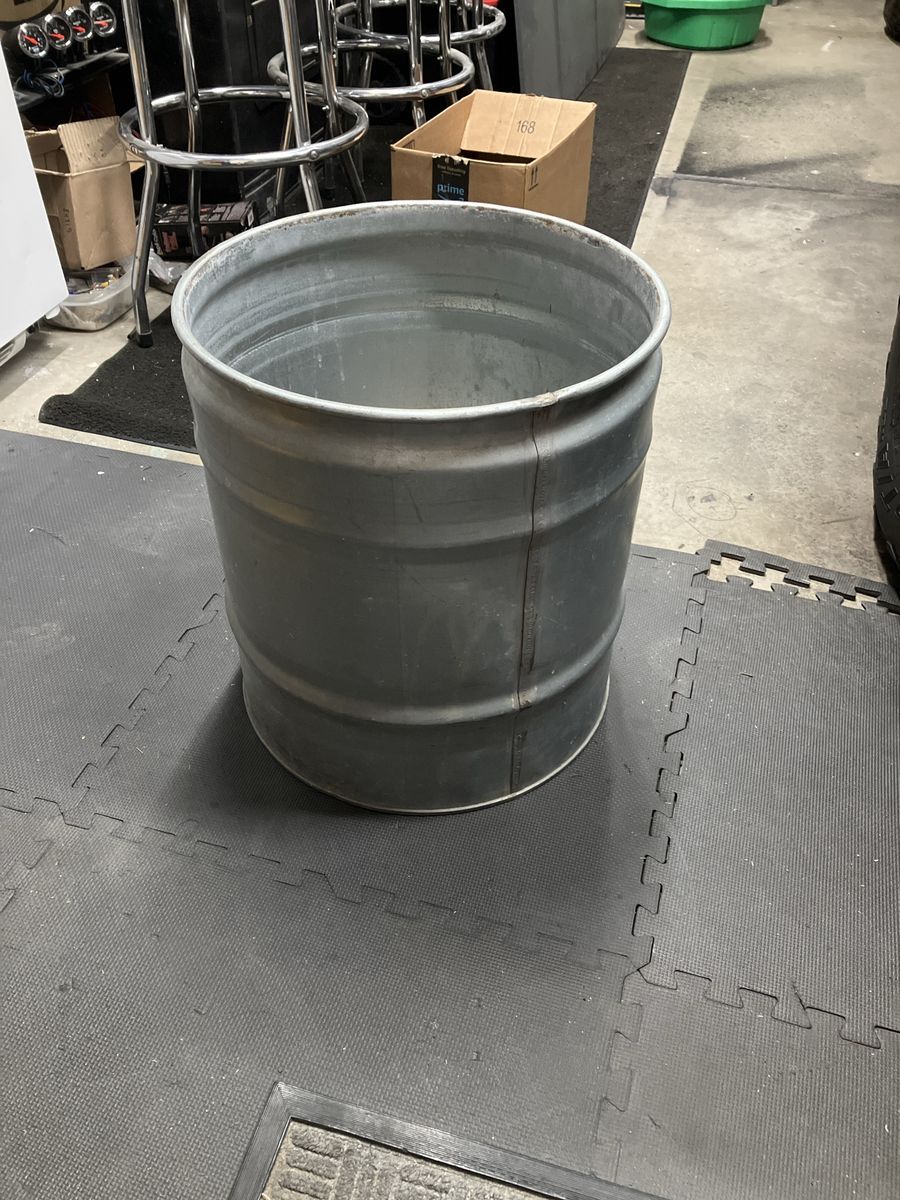 Steel drum 17.5”x19” approx 16.5 gallon.