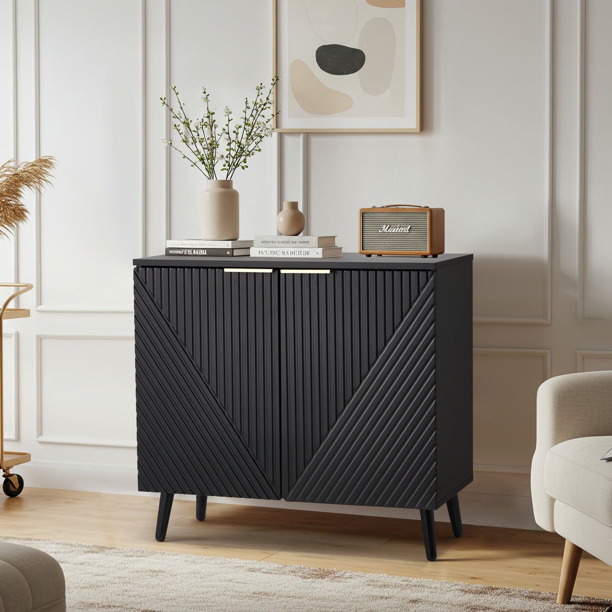 Black Fluted Sideboard Cabinet – Adjustable Shelves Modern Storage Console – Brand New
