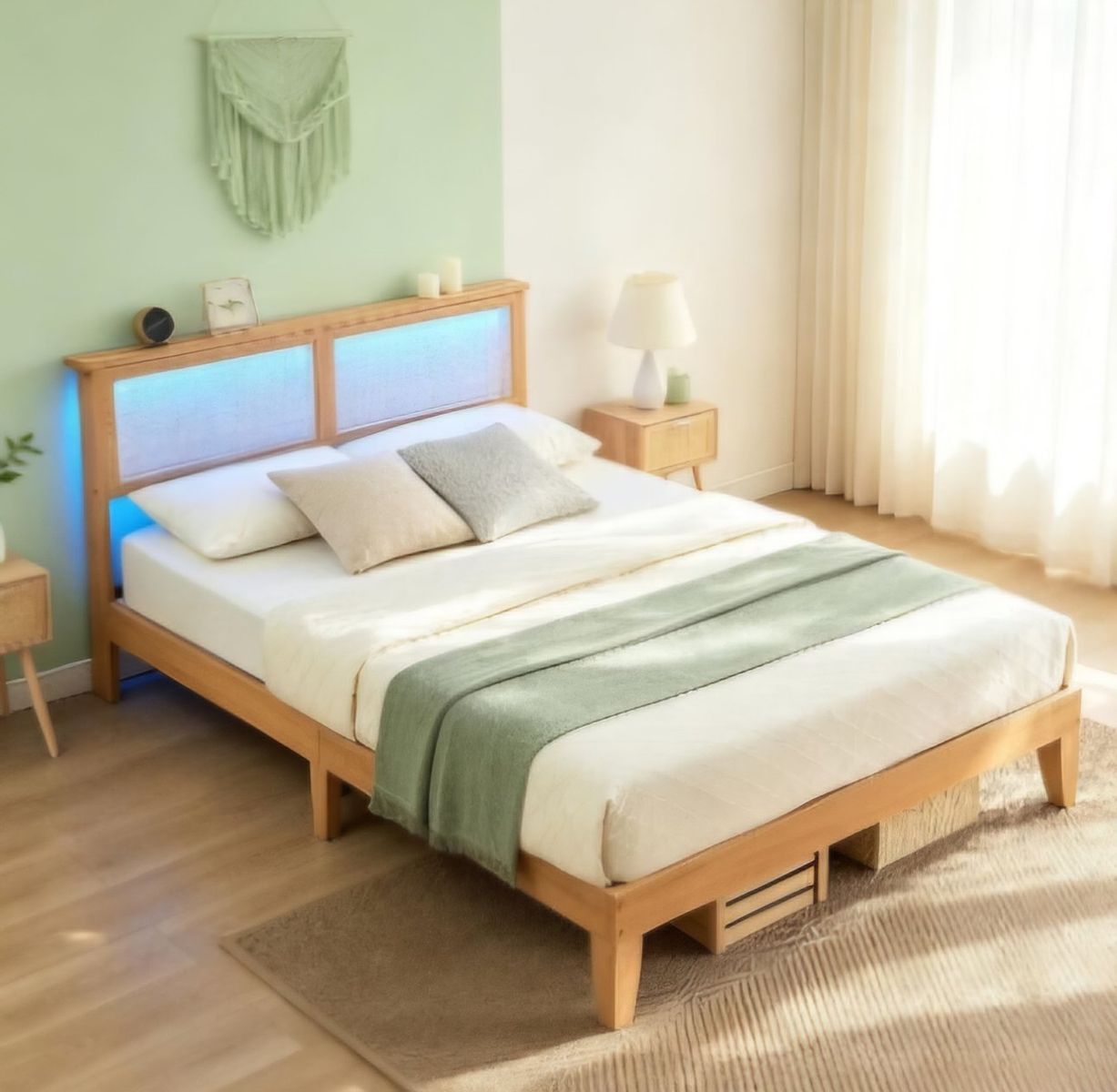 Rattan Full Bed Frame - Full Size Platform Bed Frame with Natural Rattan Headboard