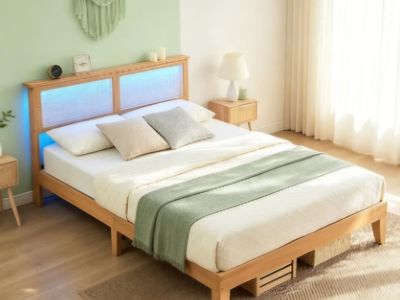 Rattan Full Bed Frame - Full Size Platform Bed Frame with Natural Rattan Headboard