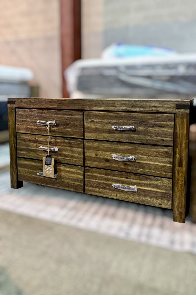 SOLID ACACIA WOOD 6-DRAWER DRESSER – RUSTIC LUXURY – HEAVY DUTY