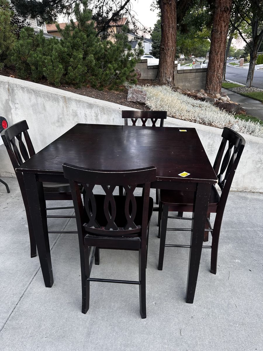 Dark Wood Square Dining Table & 4 Chairs - Compact, Counter-Height Set