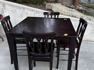 Dark Wood Square Dining Table & 4 Chairs - Compact, Counter-Height Set