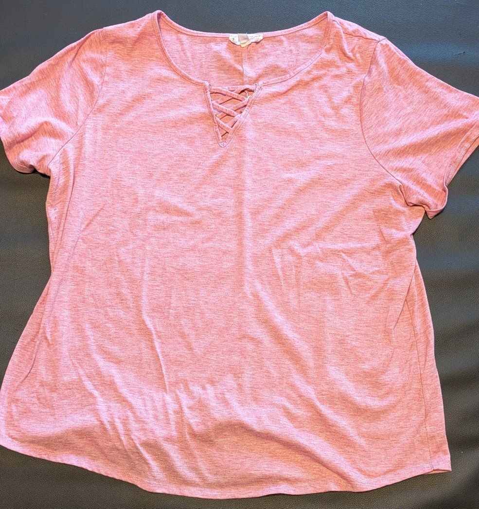 Corvia Pink Lace Up V-Neck Top 1X