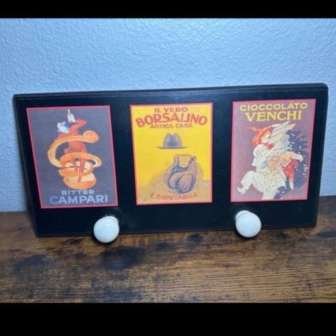 Vintage Style Italian Advertisement Art Wall Hook Rack with Two White Knobs