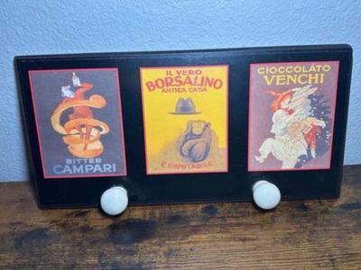 Vintage Style Italian Advertisement Art Wall Hook Rack with Two White Knobs