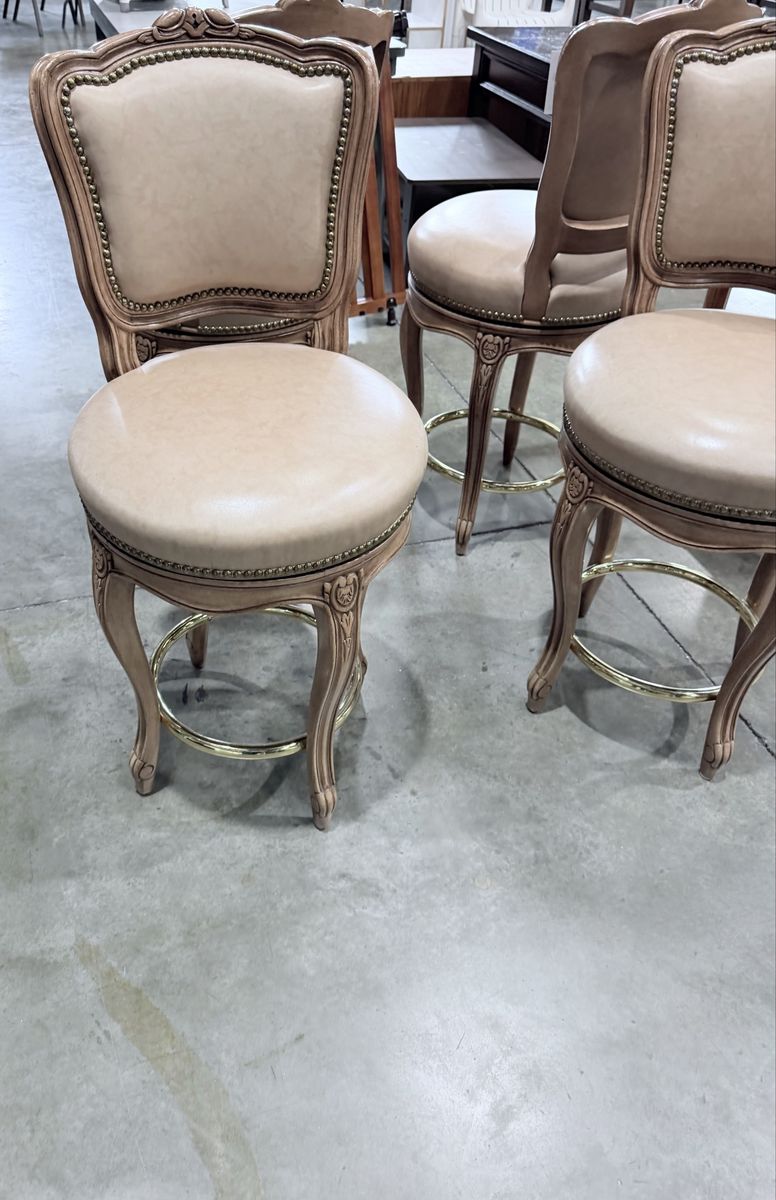 Vintage French Country Swivel Bar Stools with Tan Upholstery and Nailhead Trim