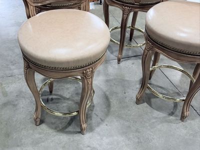 Vintage French Country Swivel Bar Stools with Tan Upholstery and Nailhead Trim