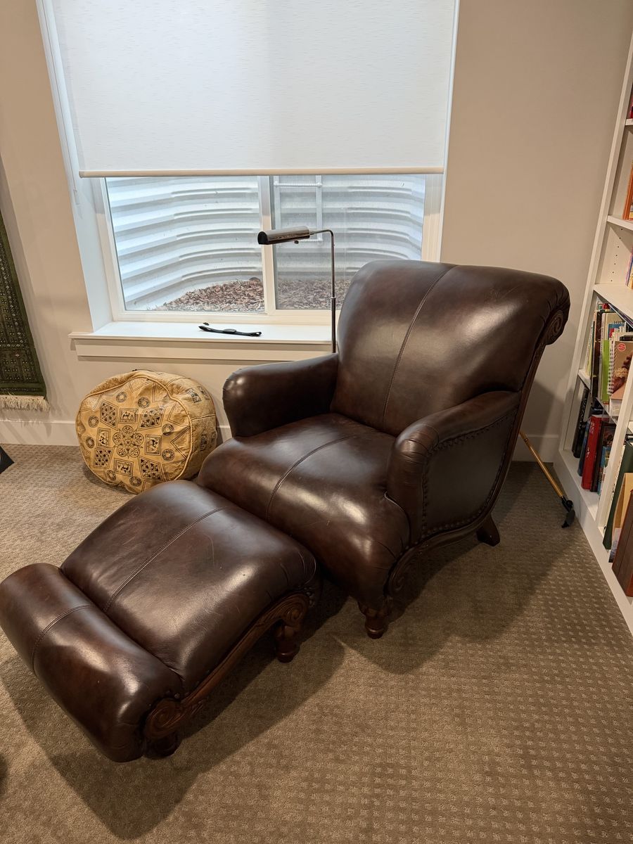 Vintage Style Brown Leather Armchair with Matching Ottoman and Nailhead Trim