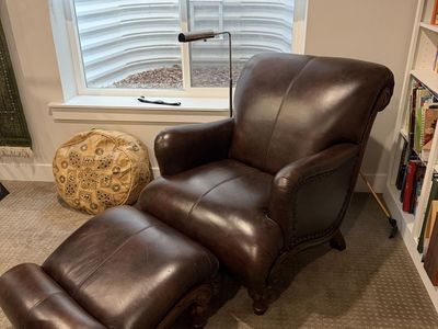 Vintage Style Brown Leather Armchair with Matching Ottoman and Nailhead Trim
