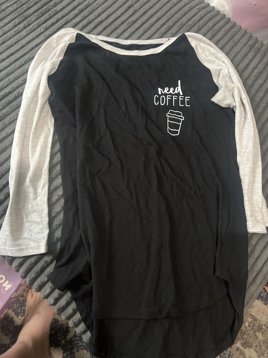 Mighty Fine 'Need Coffee' Graphic Raglan Long Sleeve Shirt Medium Black White