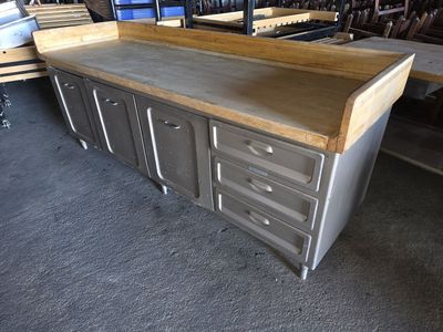 Wood Bakers Table with Overhead Pot and Pan Rack