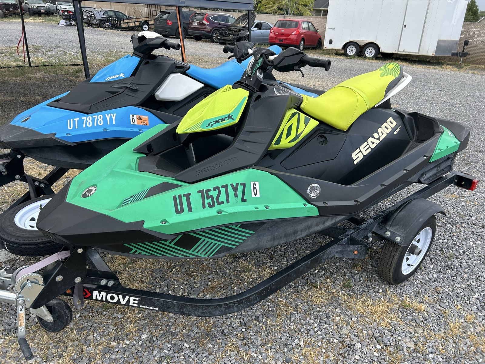 Sea-Doo Spark Jet Skis (Pair) with Trailer - Blue & Green - Ready for Summer Fun