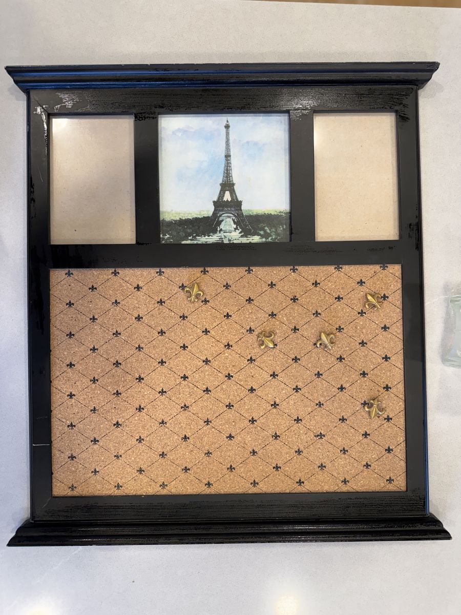Black Wooden Multi-Photo Frame & Cork Board with Eiffel Tower Print, Home Decor