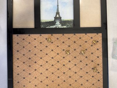 Black Wooden Multi-Photo Frame & Cork Board with Eiffel Tower Print, Home Decor