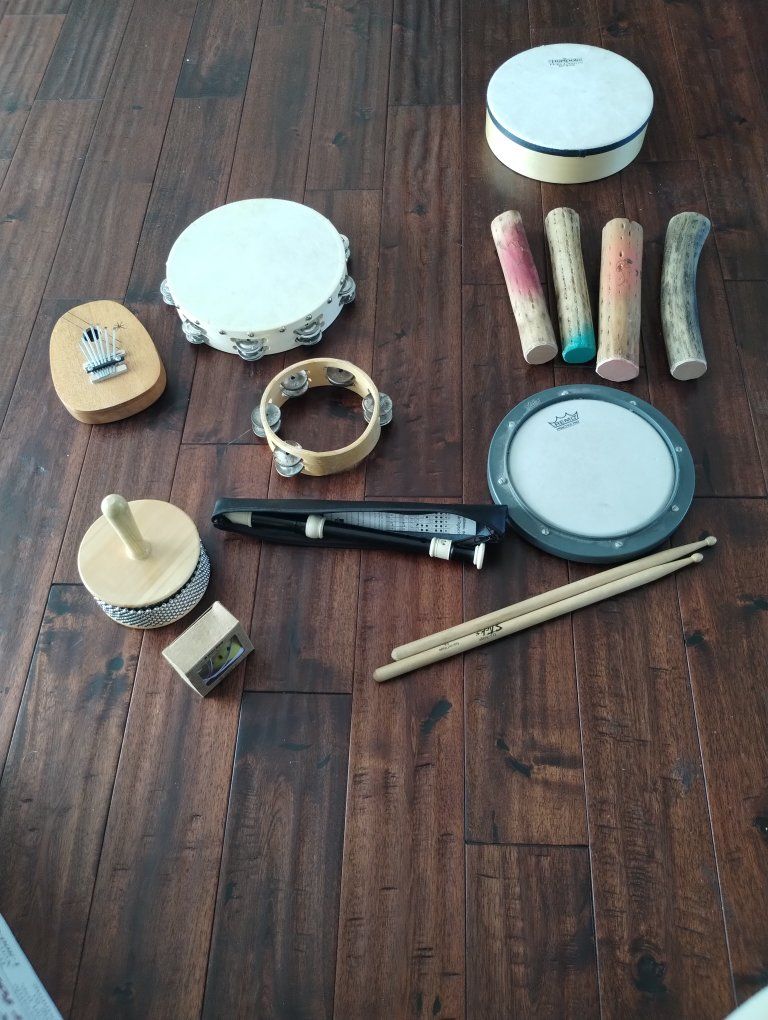 Remo Practice Pad with Drumsticks and Assorted Percussion Instruments