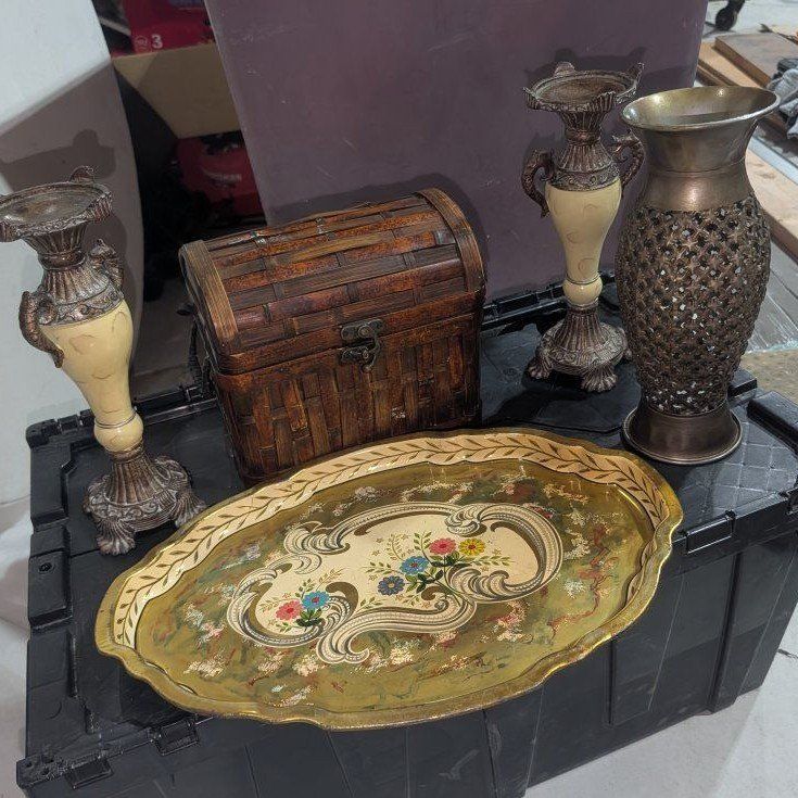 Vintage Home Decor Set: Ornate Tray, Woven Box, Tall Metal Vases/Candle Holders