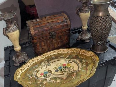 Vintage Home Decor Set: Ornate Tray, Woven Box, Tall Metal Vases/Candle Holders