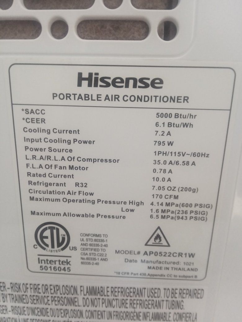 Hisense AP0522CR1W Portable Air Conditioner 5000 BTU White