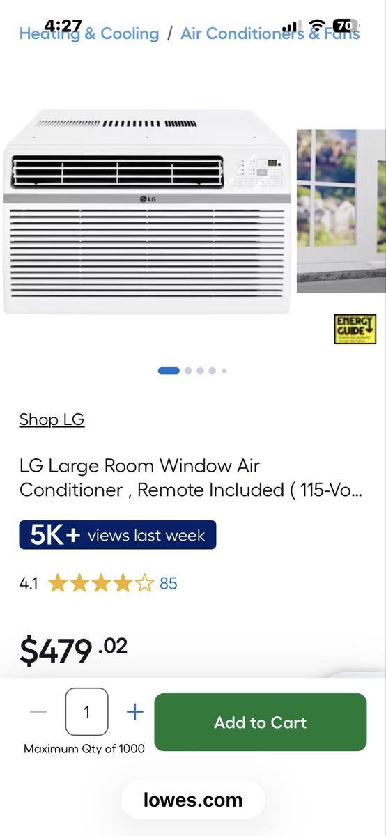 LG Large Room Window Air Conditioner with Remote Control