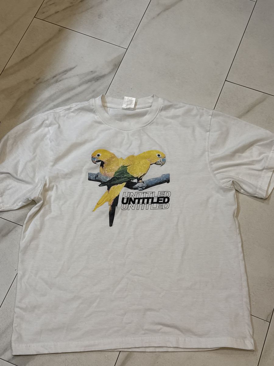 White T-Shirt with Parrot Graphic, "UNTITLED" Print, size medium