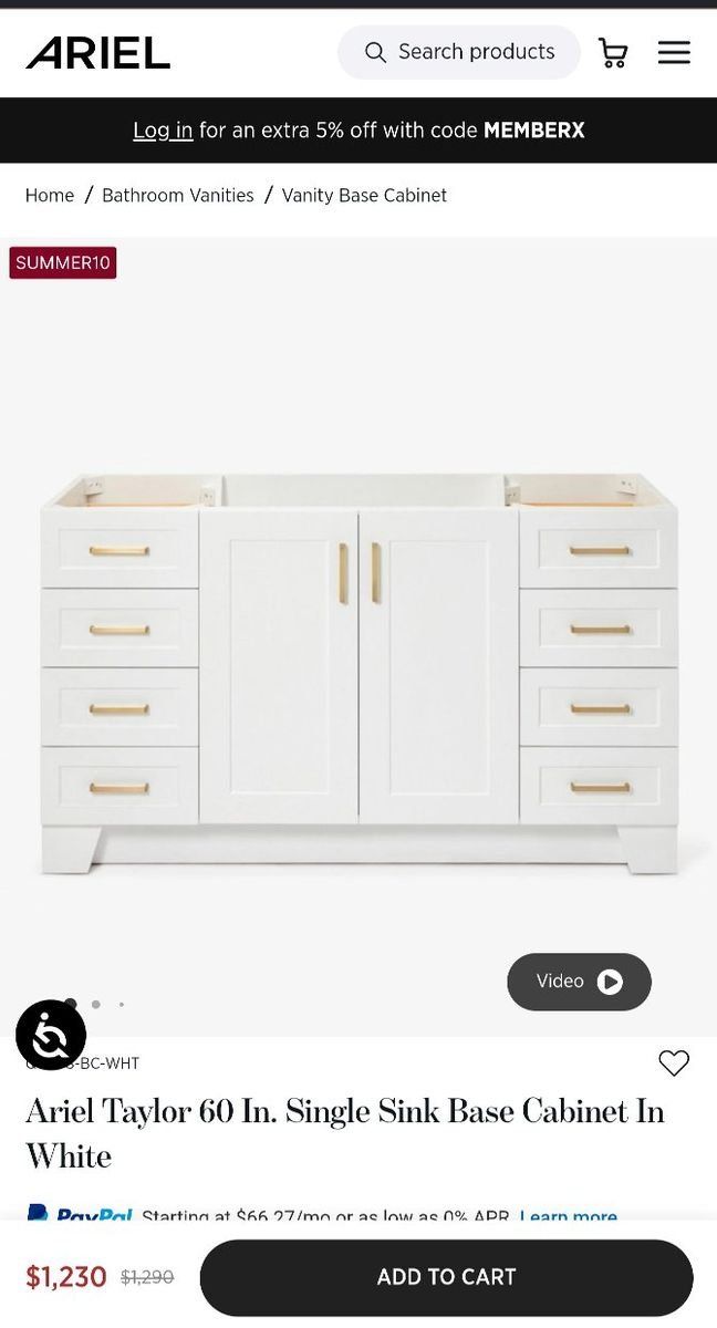 Ariel Taylor 60 Inch Single Sink Vanity Base Cabinet in White