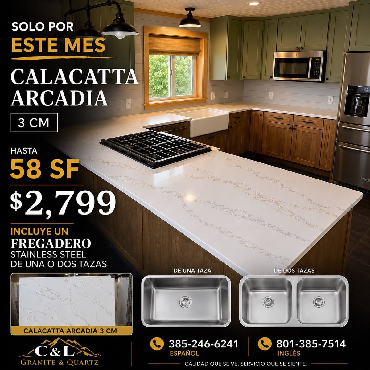 Calacatta Arcadia 3cm Quartz Countertop Package with Stainless Steel Sink
