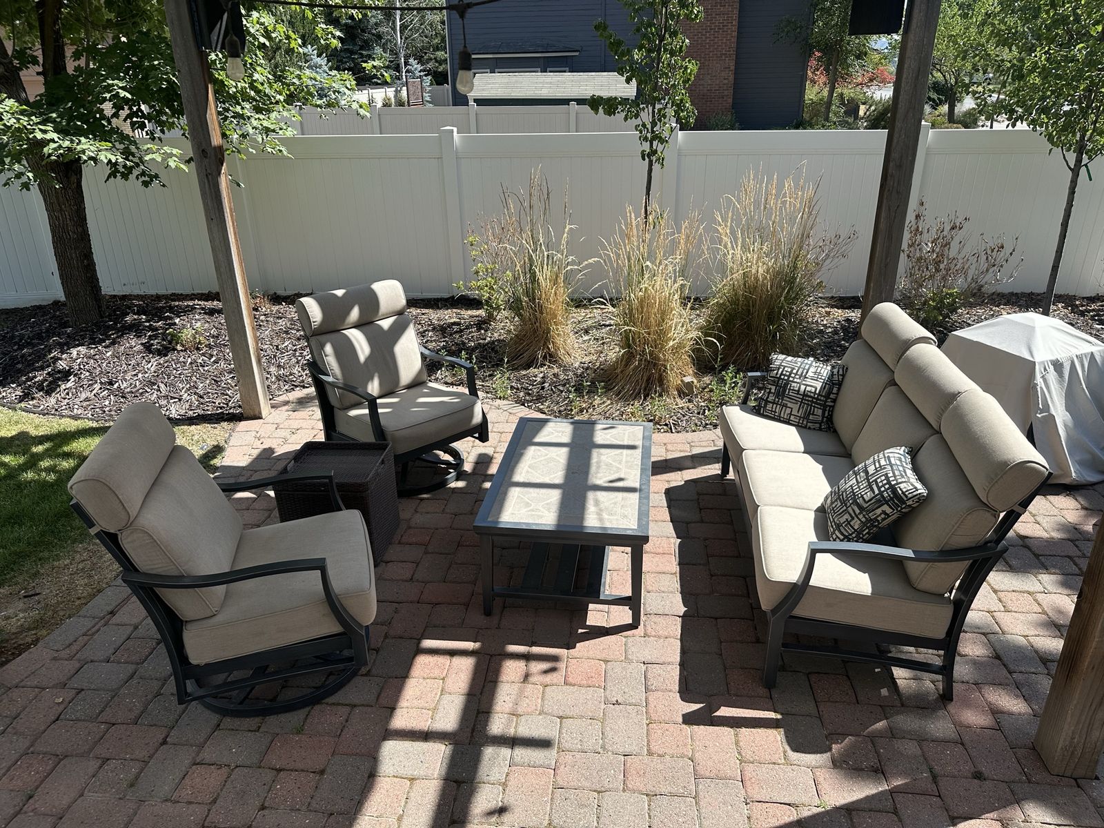 Outdoor Patio Furniture Set - Sofa, Swivel Chairs, Coffee Table - Tan Cushions & Metal Frame
