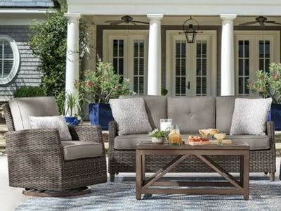 Outdoor Wicker Patio Set - Sofa, Swivel Glider Chair & Faux Wood Table