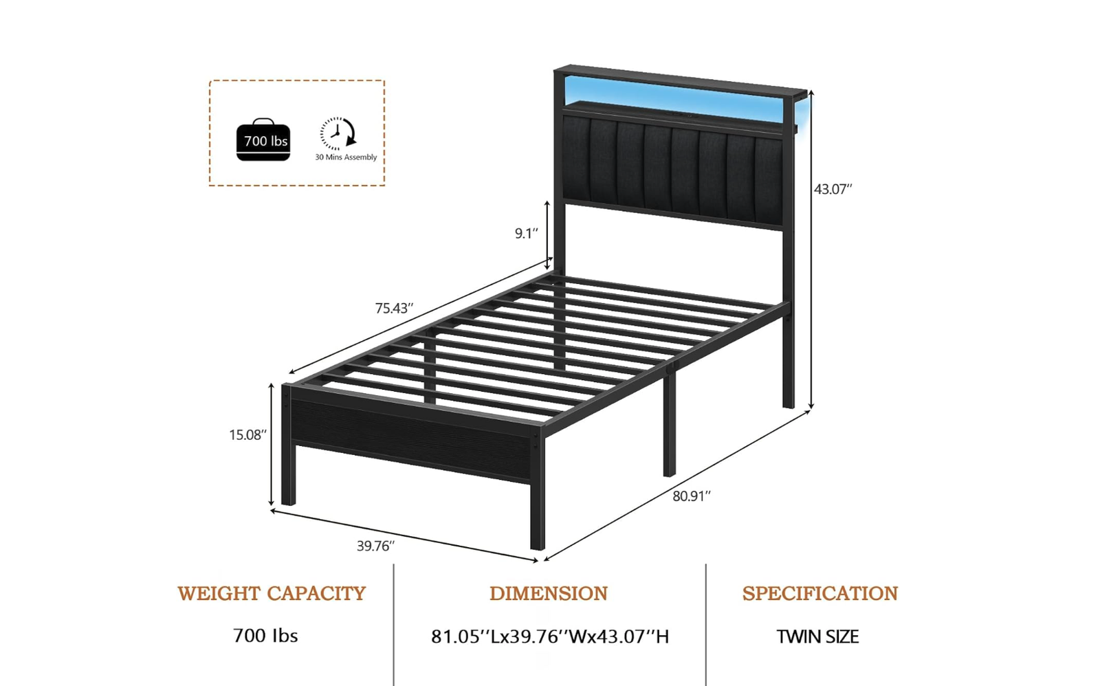 New in Box, Twin Size Bed Frame with Charging Station and LED Lights | Platform Bed with Grey Upholstered Headboard,