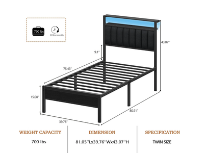 New in Box, Twin Size Bed Frame with Charging Station and LED Lights | Platform Bed with Grey Upholstered Headboard,
