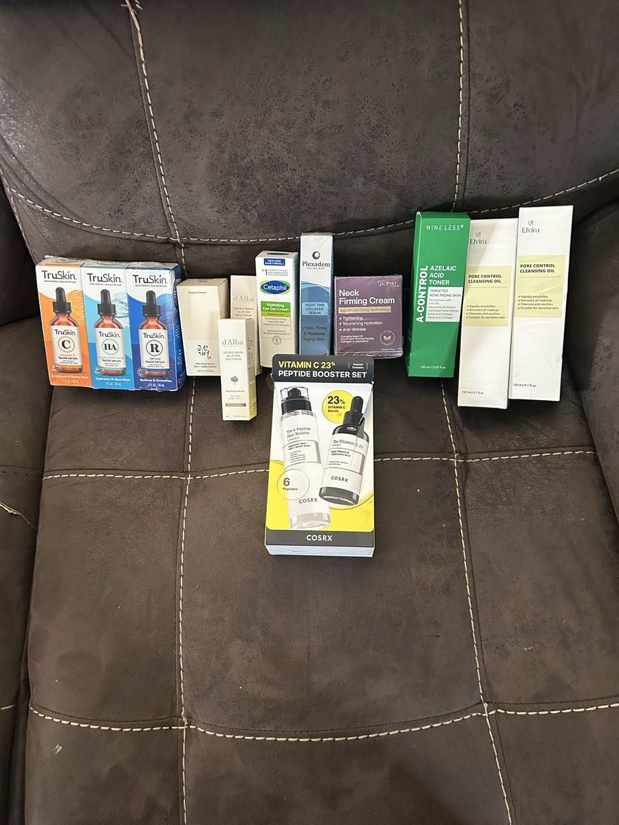 Skincare Lot: Truskin, Elvira, d'Alba, Cosrx, Cetaphil, Nine Less, Plexadem - Serums, Toners, Creams