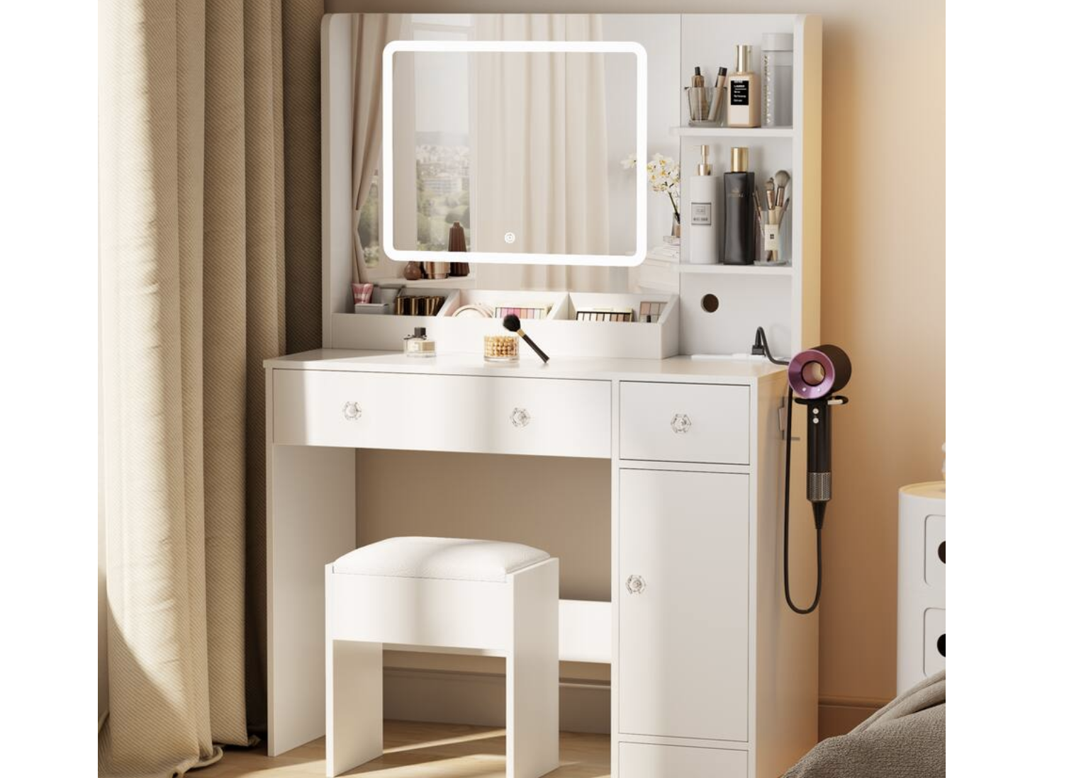 New in Box 34" W Vanity Desk Set With Led Lighted Mirror Power Outlet Makeup Table Top with 3 Open Bookcases 2 Drawers