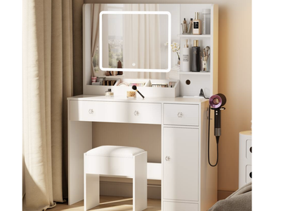 New in Box 34" W Vanity Desk Set With Led Lighted Mirror Power Outlet Makeup Table Top with 3 Open Bookcases 2 Drawers