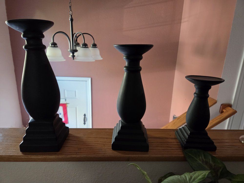 Black Wooden Pillar Candle Holder Set - 3 Tapered Candle Stands, Various Heights