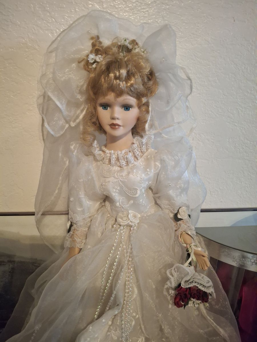 Vintage Collector Porcelain Bride Doll in White Gown with Bouquet