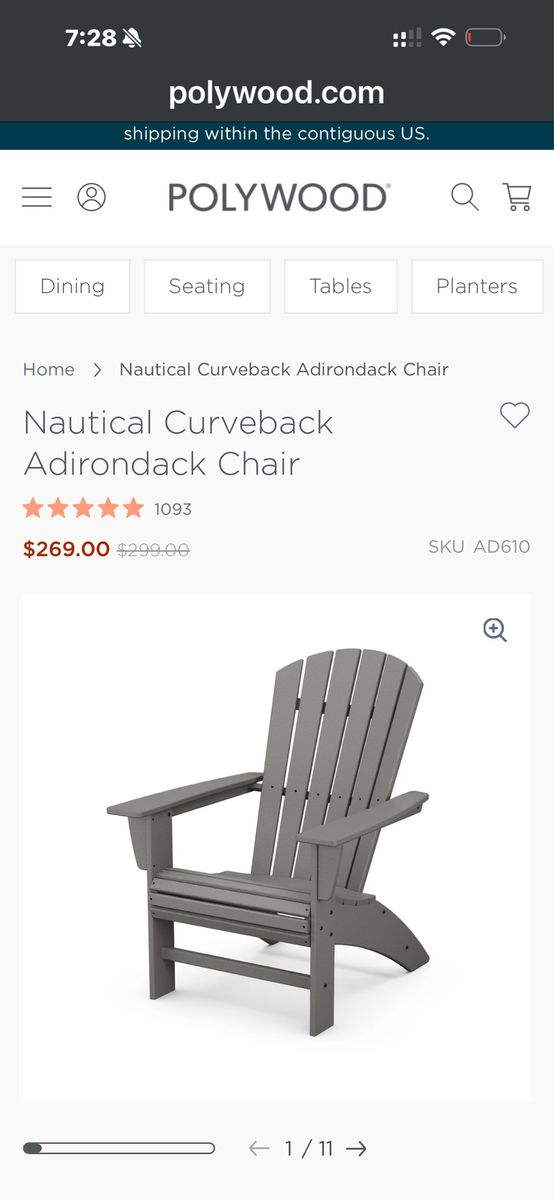 POLYWOOD Nautical Curveback Adirondack Chair - SKU AD610, Gray