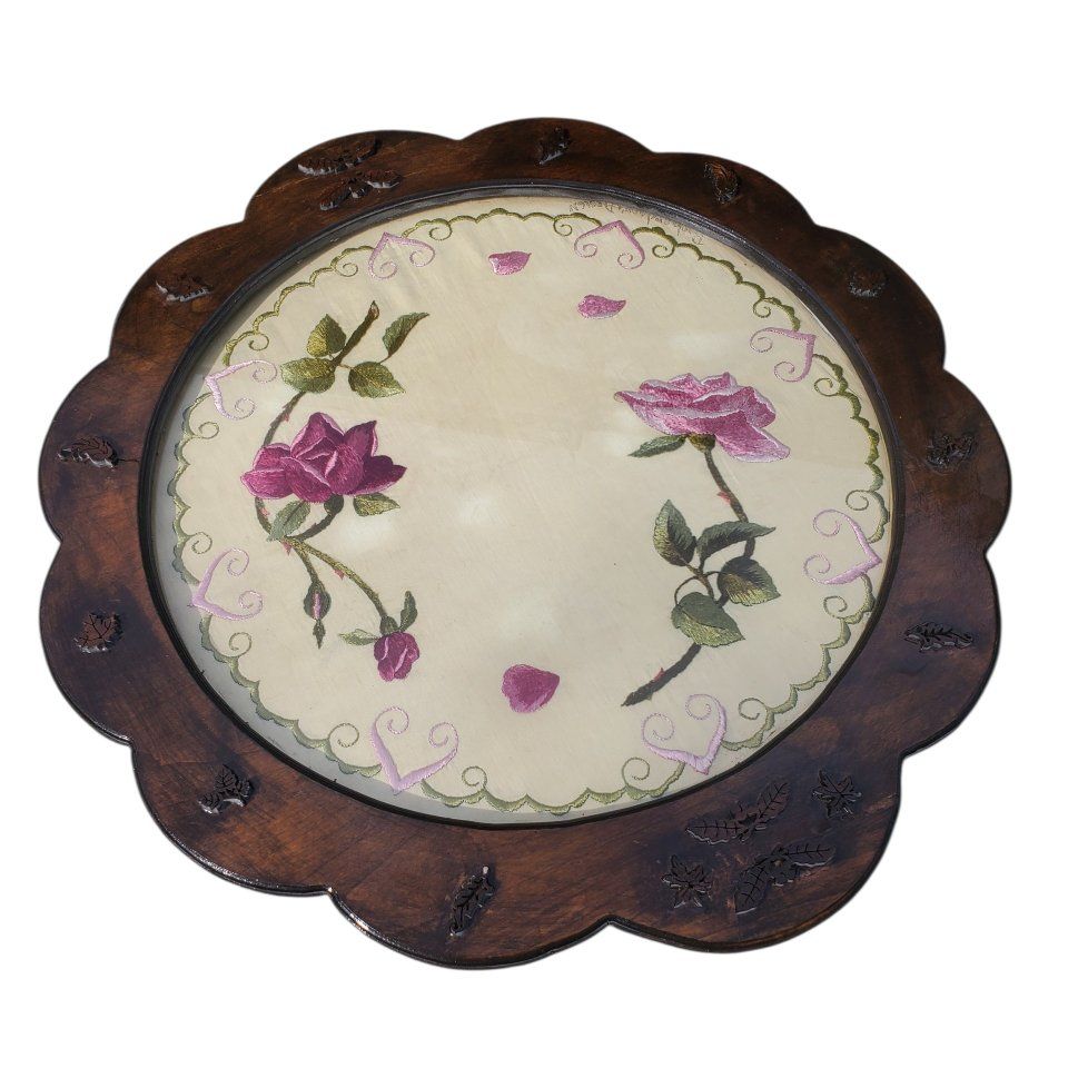 Antique Embroidered Floral Tray or Wall Hanging