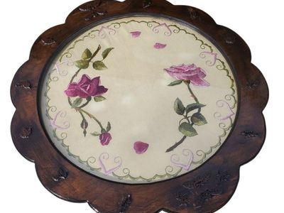 Antique Embroidered Floral Tray or Wall Hanging