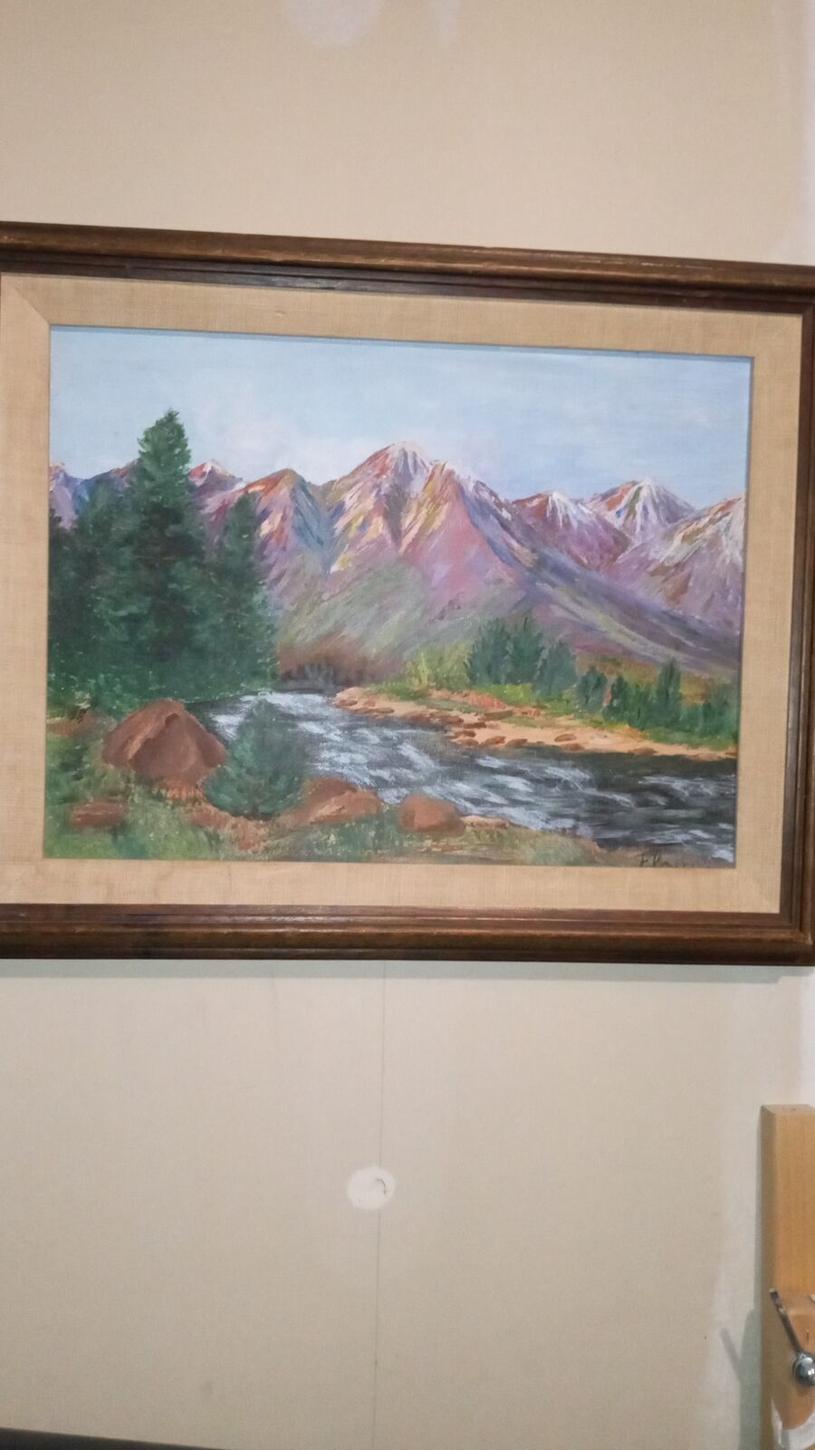 Vintage oil on canvas mountain and river scene signed art